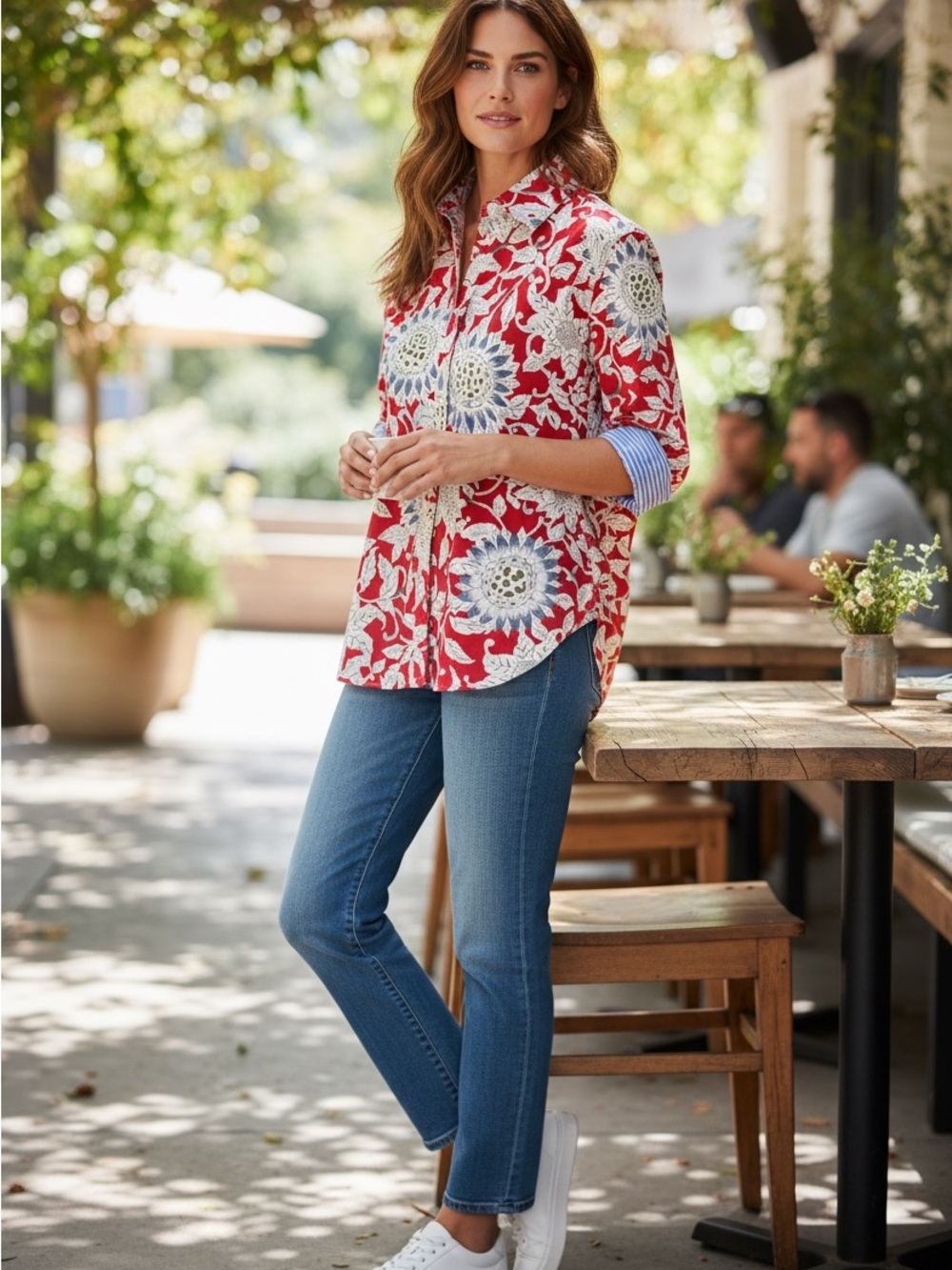 Chaps Floral Button Up Shirt Large Red Blue Roll Tab Sleeve